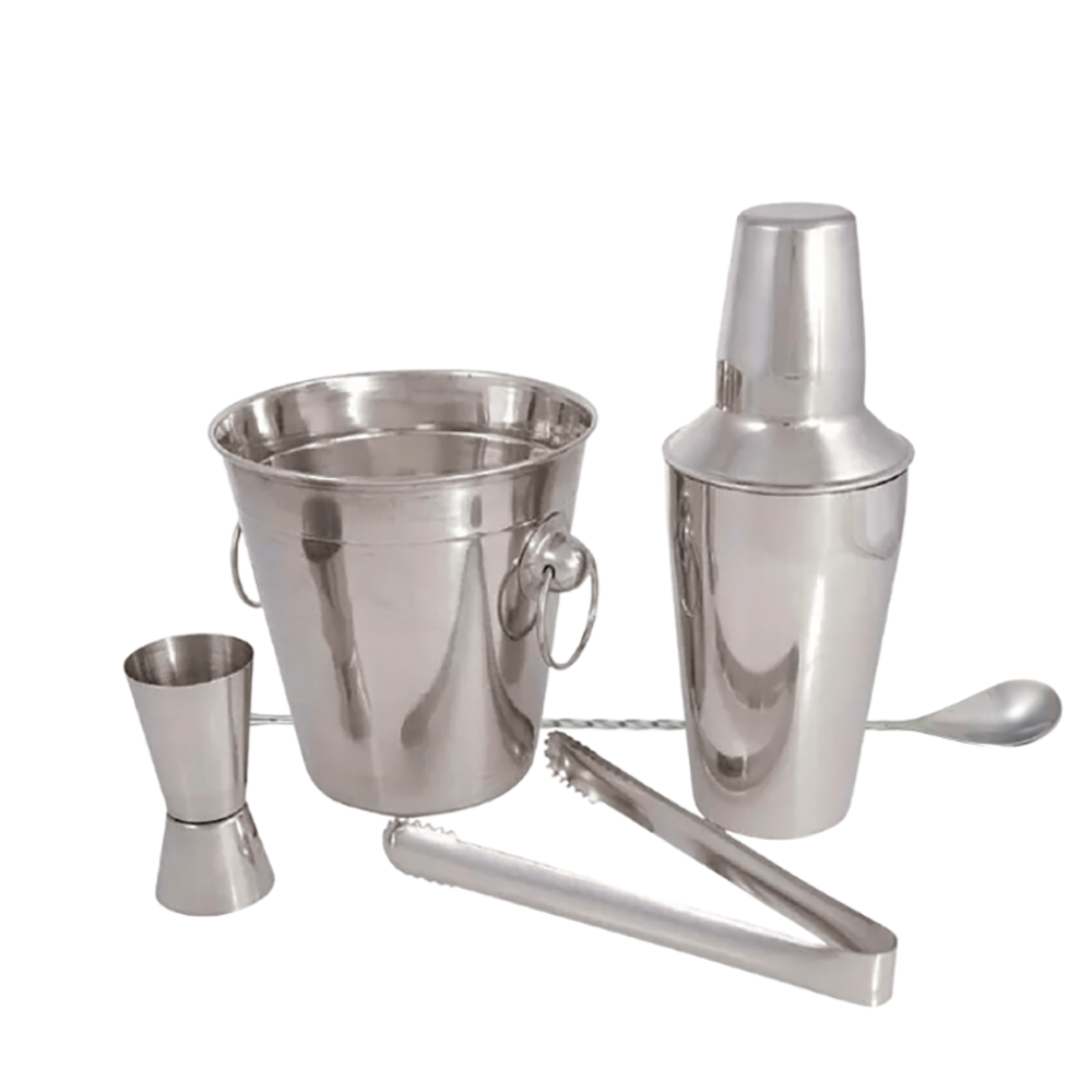 Set de Bar 5 piezas Coctelera, Hielera, Onzera, Pinza y Mezclador