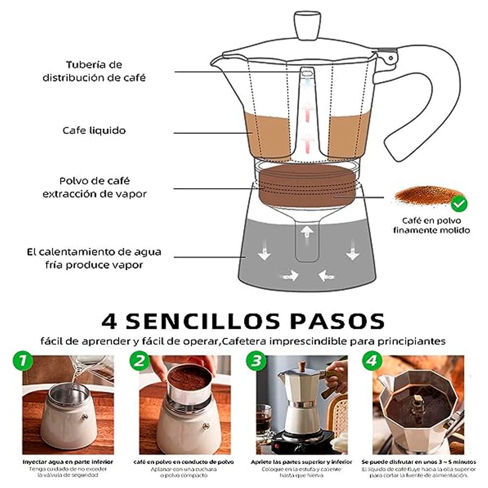 Cafetera Italiana Mango de Madera y Aluminio 300ml