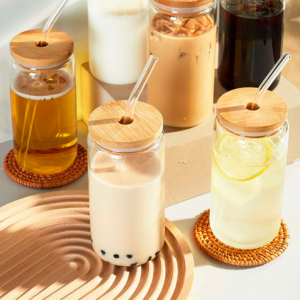 Pack de 2 Vasos de Vidrio con Tapa de Bambú y Sorbete - Imagen 4