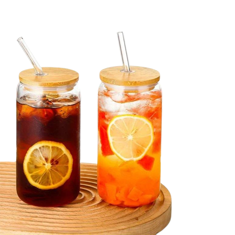 Pack de 2 Vasos de Vidrio con Tapa de Bambú y Sorbete