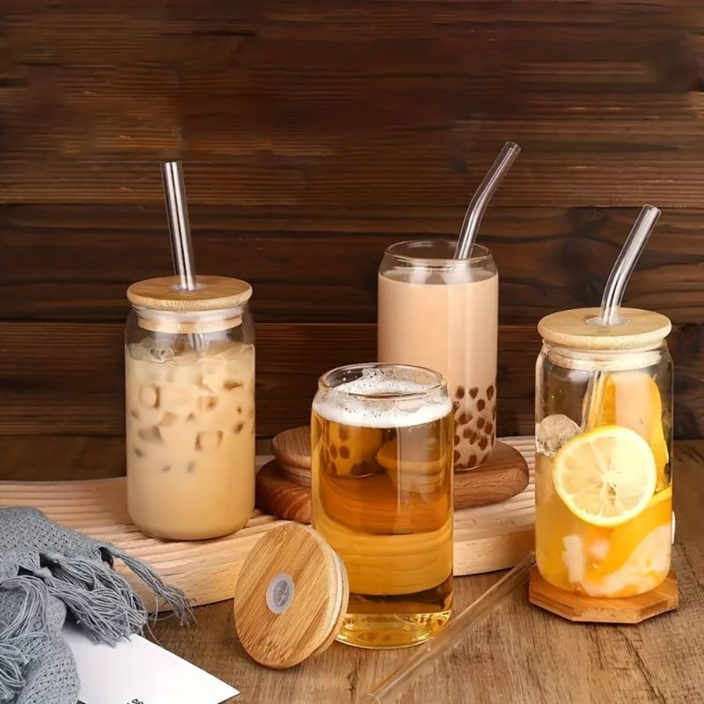 Pack de 2 Vasos de Vidrio con Tapa de Bambú y Sorbete - Imagen 3