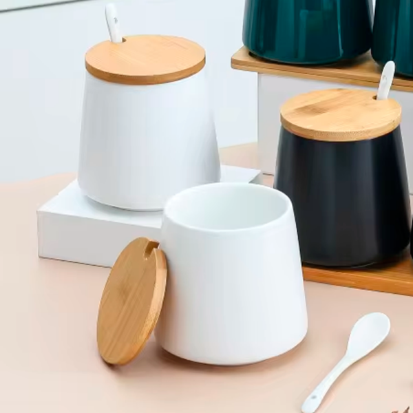 Azucarero de Cerámica con Cuchara y Tapa de Bambú - Imagen 3