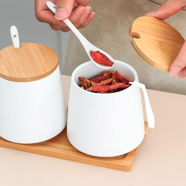 Azucarero de Cerámica con Cuchara y Tapa de Bambú - Imagen 2