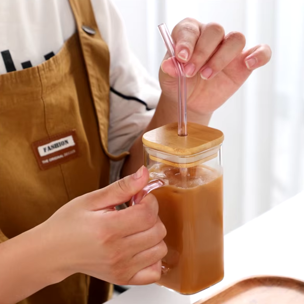 Set de 2 Vasos Cuadrados de Vidrio con Tapa de Bambú y Sorbete - Imagen 7