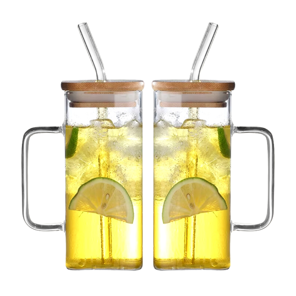 Set de 2 Vasos Cuadrados de Vidrio con Tapa de Bambú y Sorbete