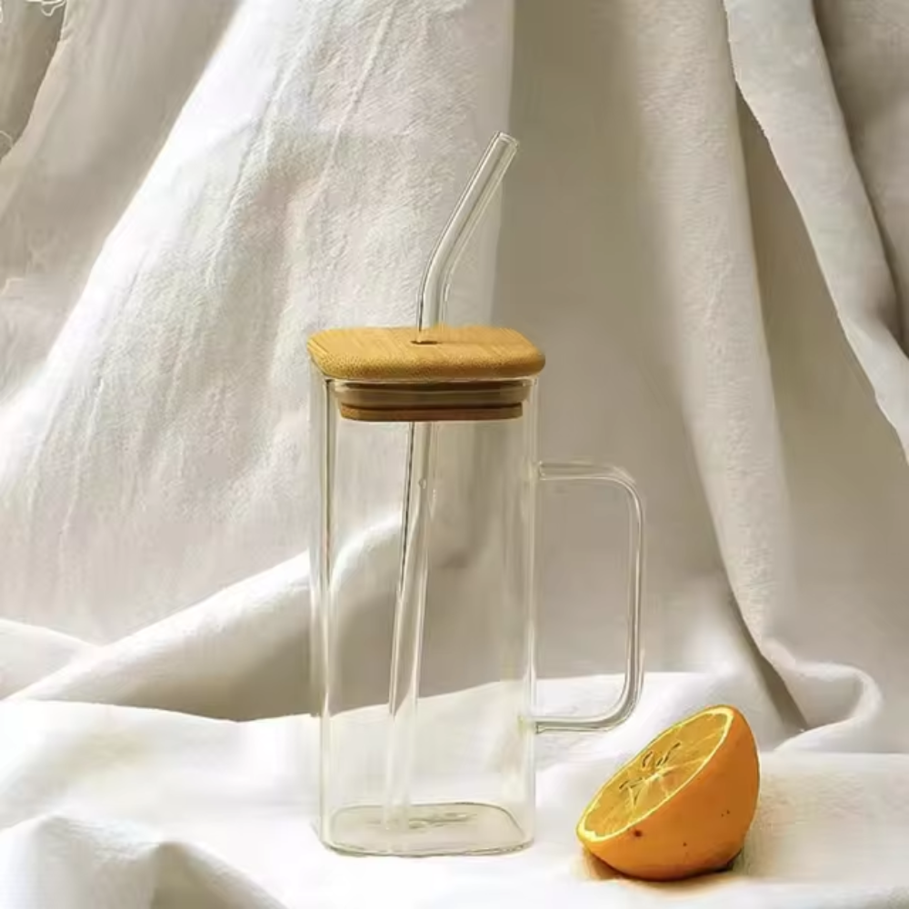 Set de 2 Vasos Cuadrados de Vidrio con Tapa de Bambú y Sorbete - Imagen 9