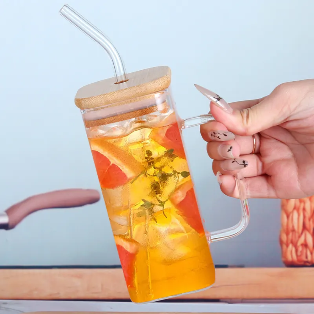 Set de 2 Vasos Cuadrados de Vidrio con Tapa de Bambú y Sorbete - Imagen 4