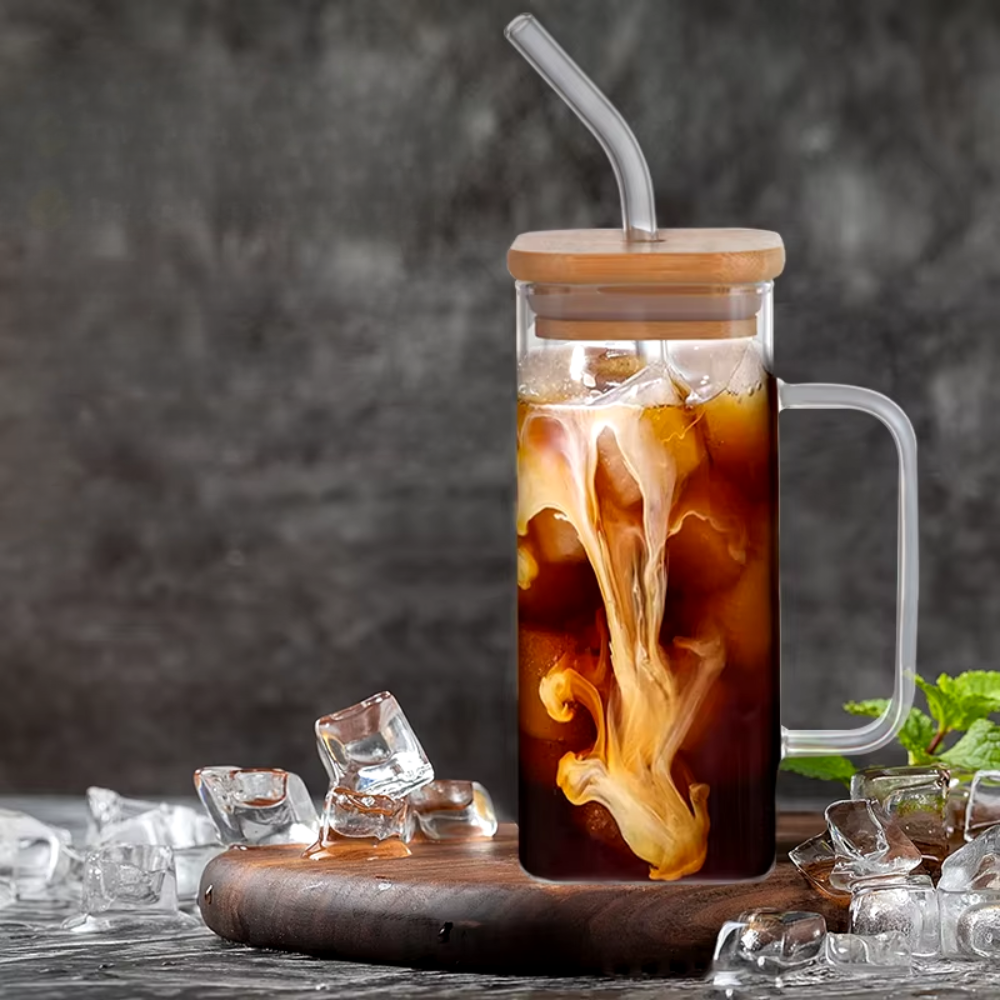 Set de 2 Vasos Cuadrados de Vidrio con Tapa de Bambú y Sorbete - Imagen 6