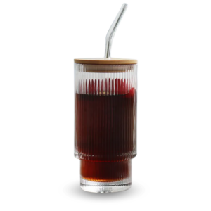 Vaso Acanalado de Vidrio con Sorbete y Tapa de Bambú 500 ml