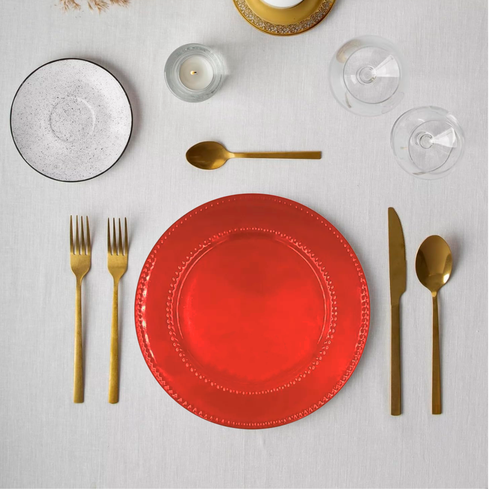 Set de 4 Platos Cerámicos Rojos con Borde Relieve 27 cm - Imagen 2