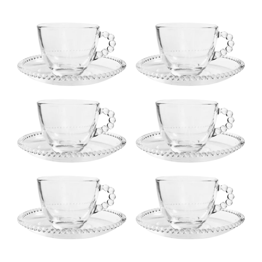 Set de 6 Tazas y Plato de Vidrio Borde de Esferas 210 ml