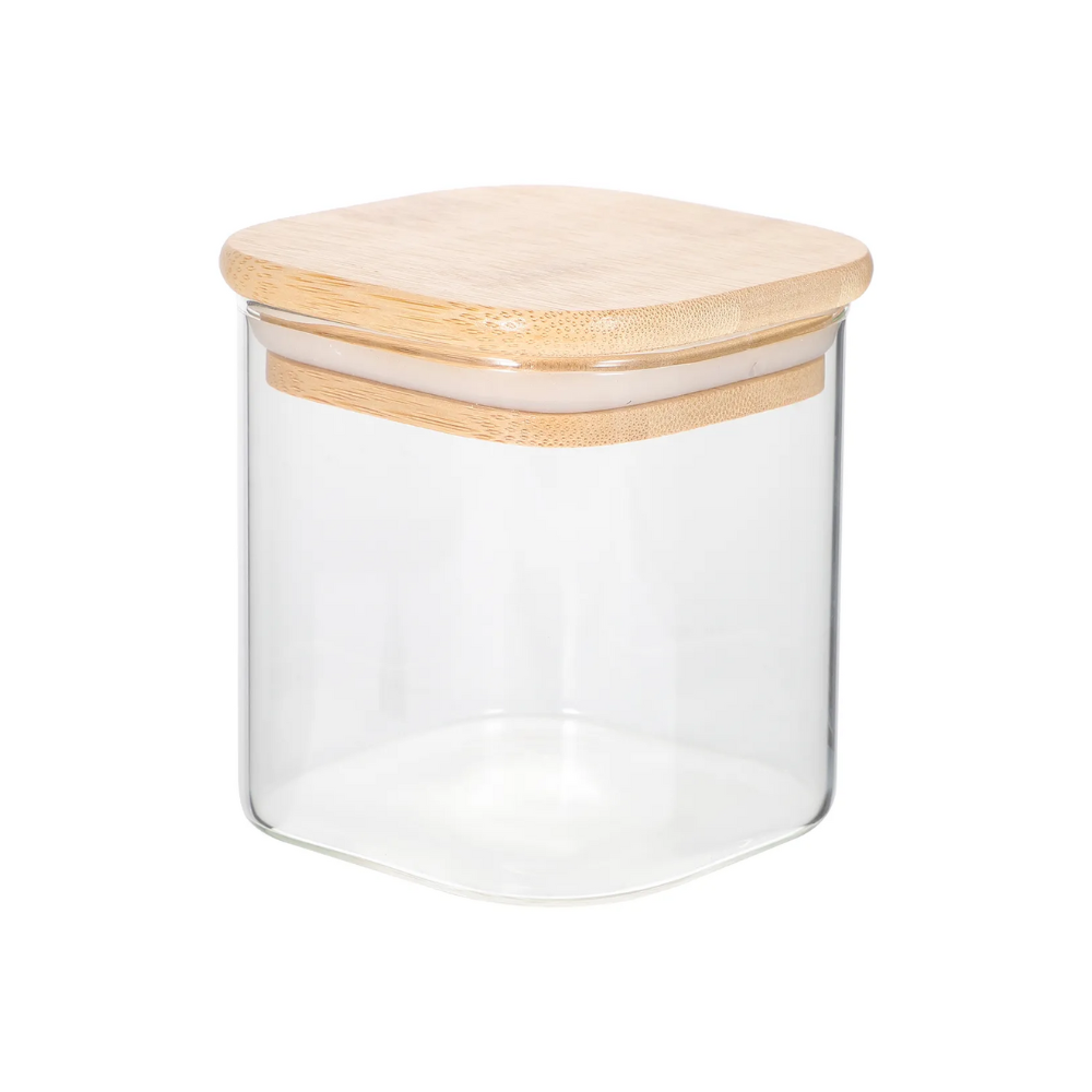 Frasco Cuadrado de Vidrio Borosilicato con Tapa de Bambú 600 ml