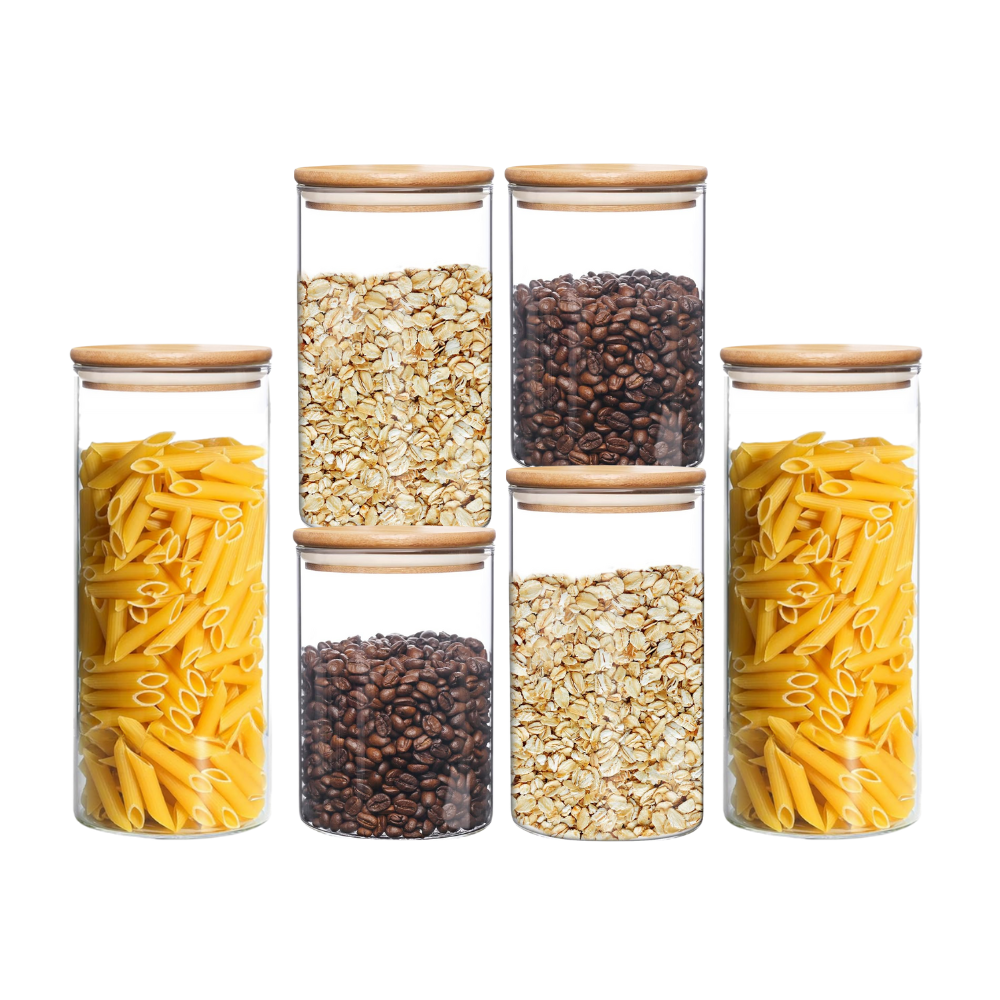 Set de 6 Frascos de Vidrio Borosilicato con Tapa de Bambú