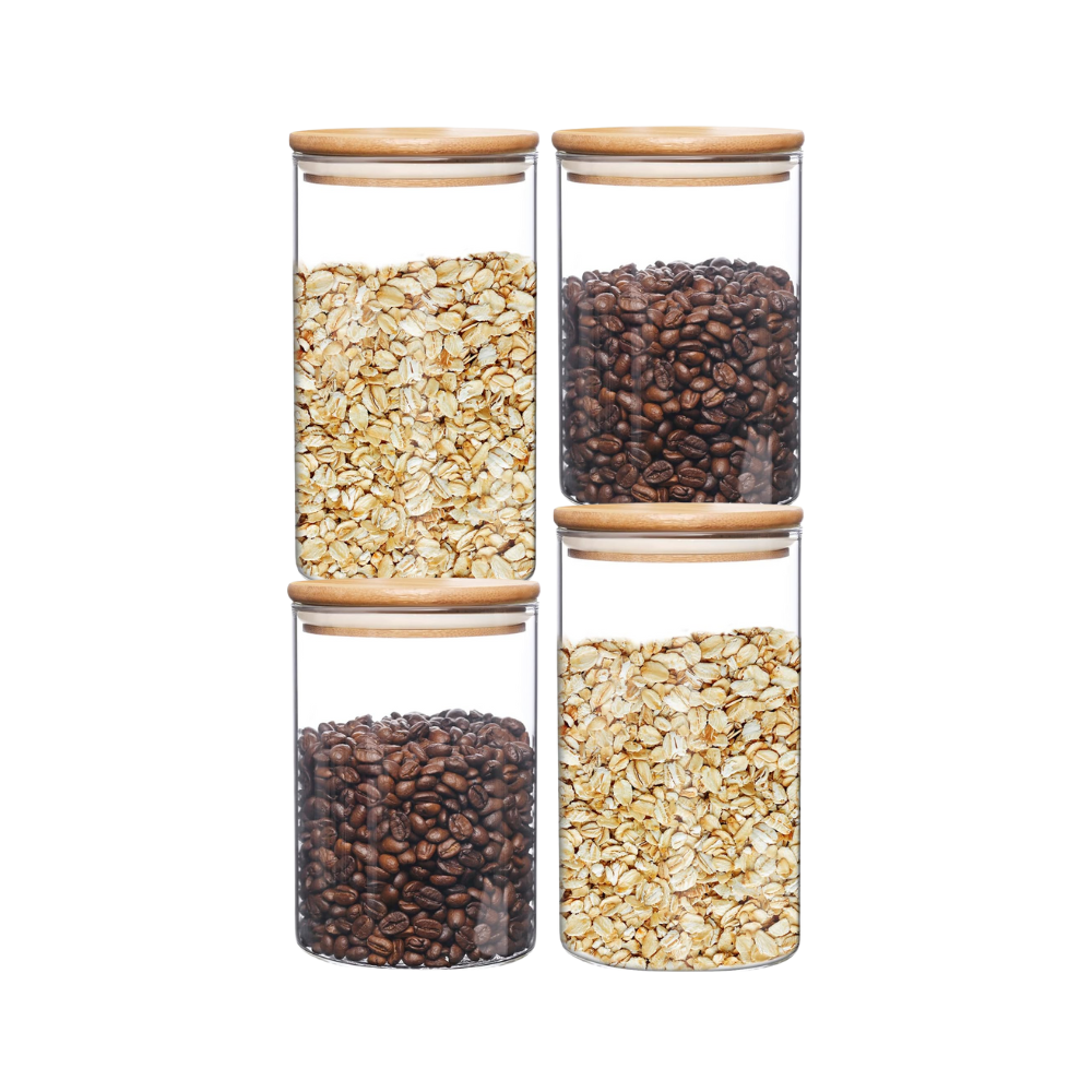 Set de 4 Frascos de Vidrio Borosilicato con Tapa de Bambú